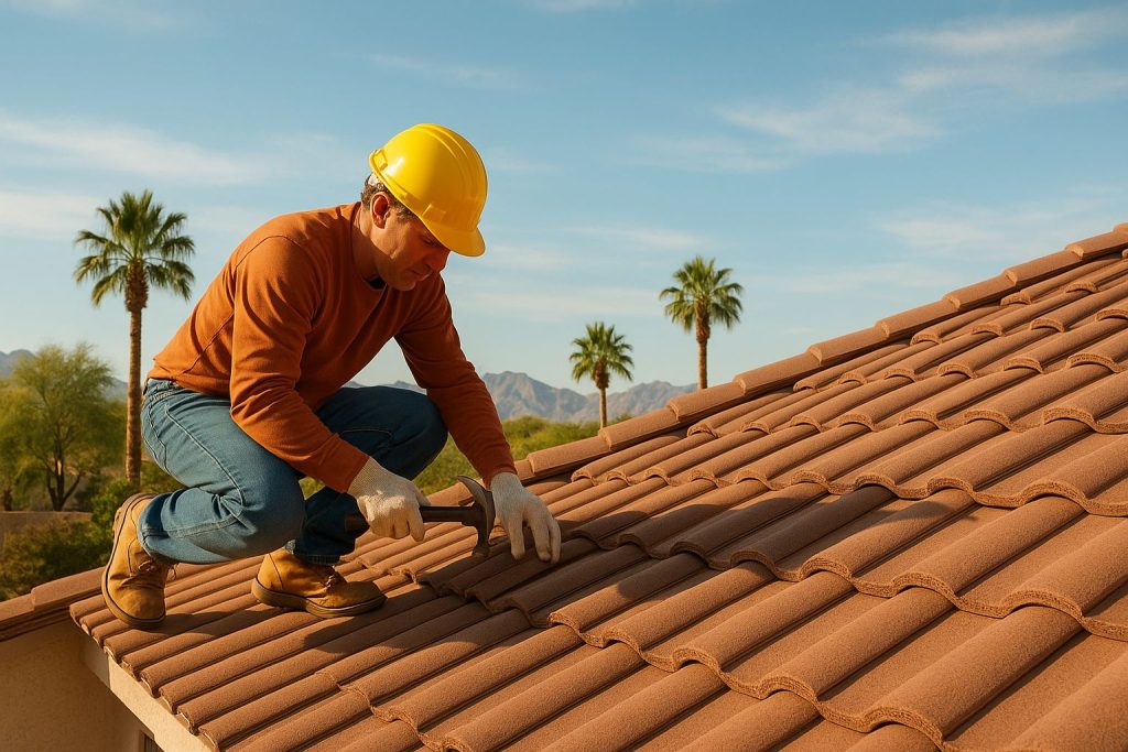 Residential roof repair in Gilbert showing damaged asphalt shingles on a home after storm exposure