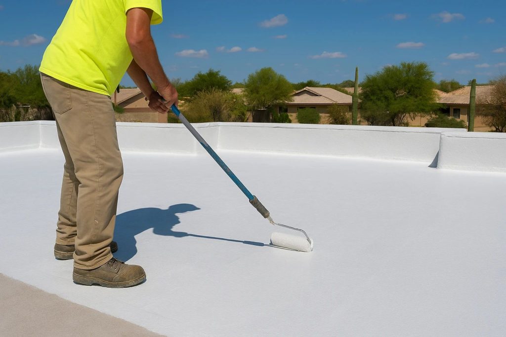 Roof coatings being applied to a flat roof in Gilbert to protect against heat and sun damage